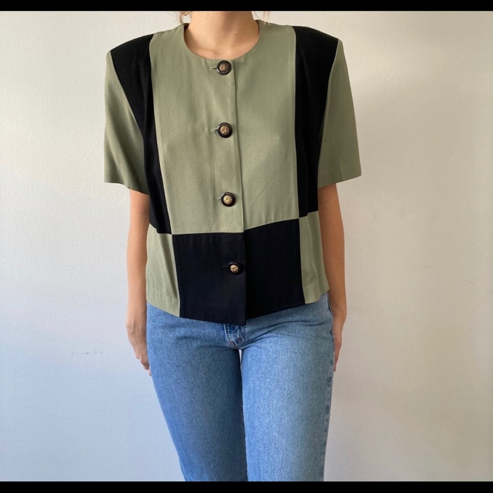 Vintage 80’s Shoulder Pad Patchwork Button Blouse - image 3